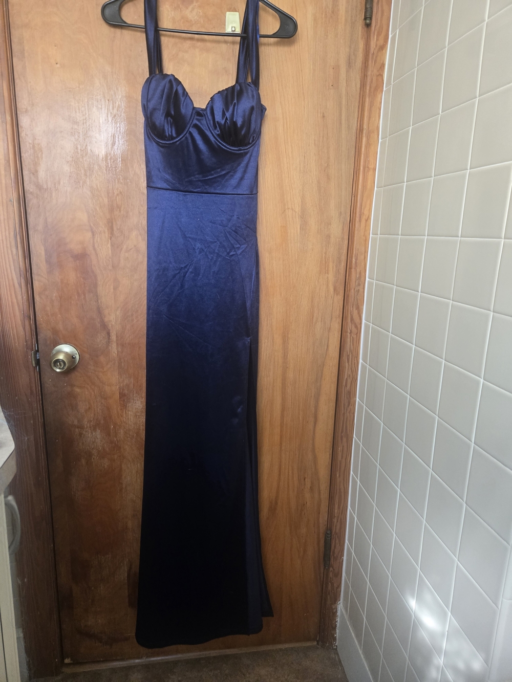 Windsor Navy Satin Bustier Maxi Dress